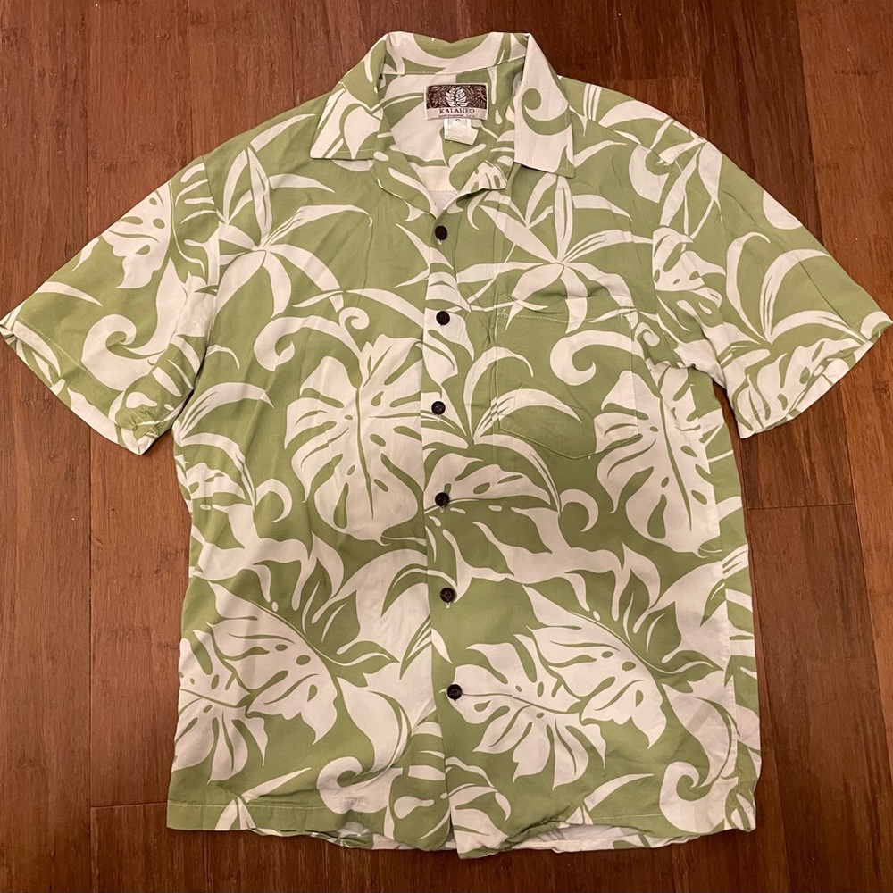 Vintage Kalaheo USA Green Ivory Open Collar Hawaiian Shirt Mens S Beach Resort